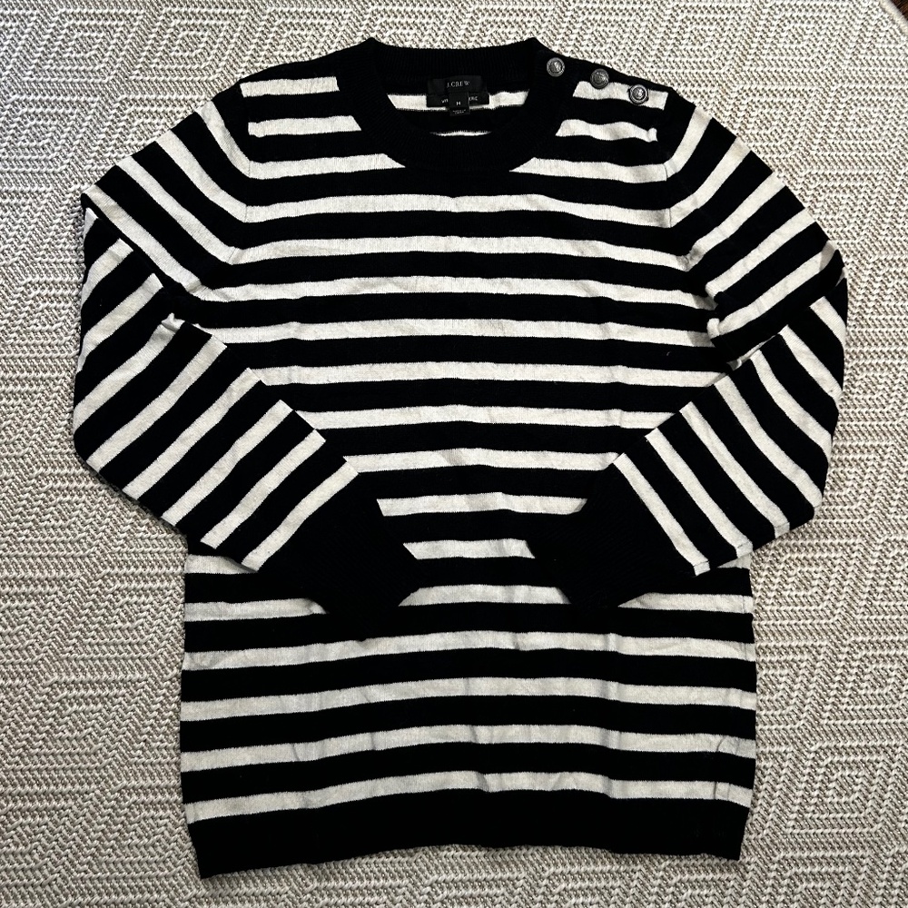 J. Crew | Wool Cashmere Sweater with Metal Button Collar in Navy Stripe, Size M